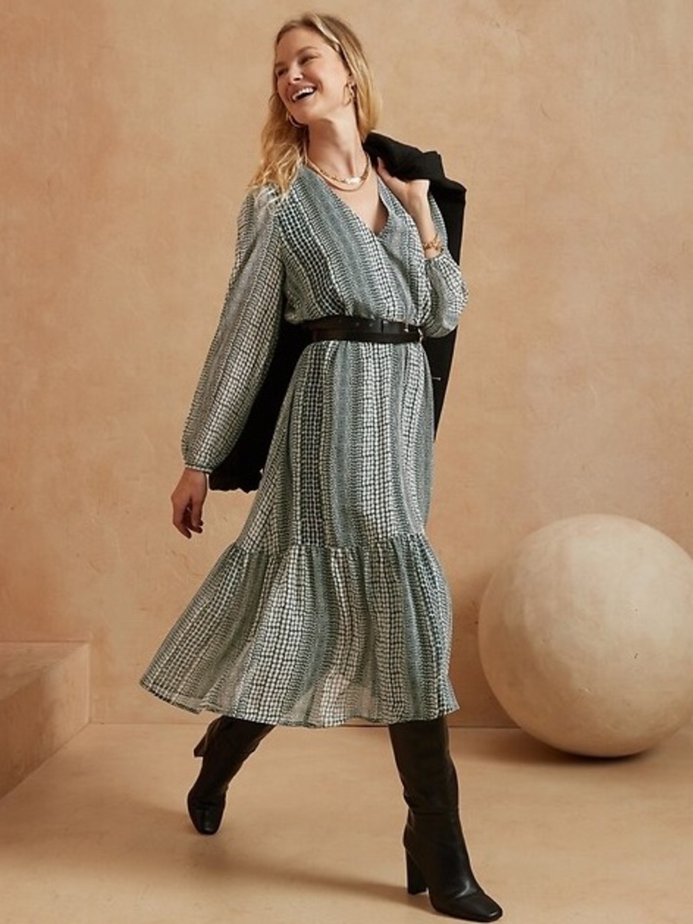 Banana Republic Petite Flounce Hem Maxi Dress Printed Boho Prairie V Neck NWT L